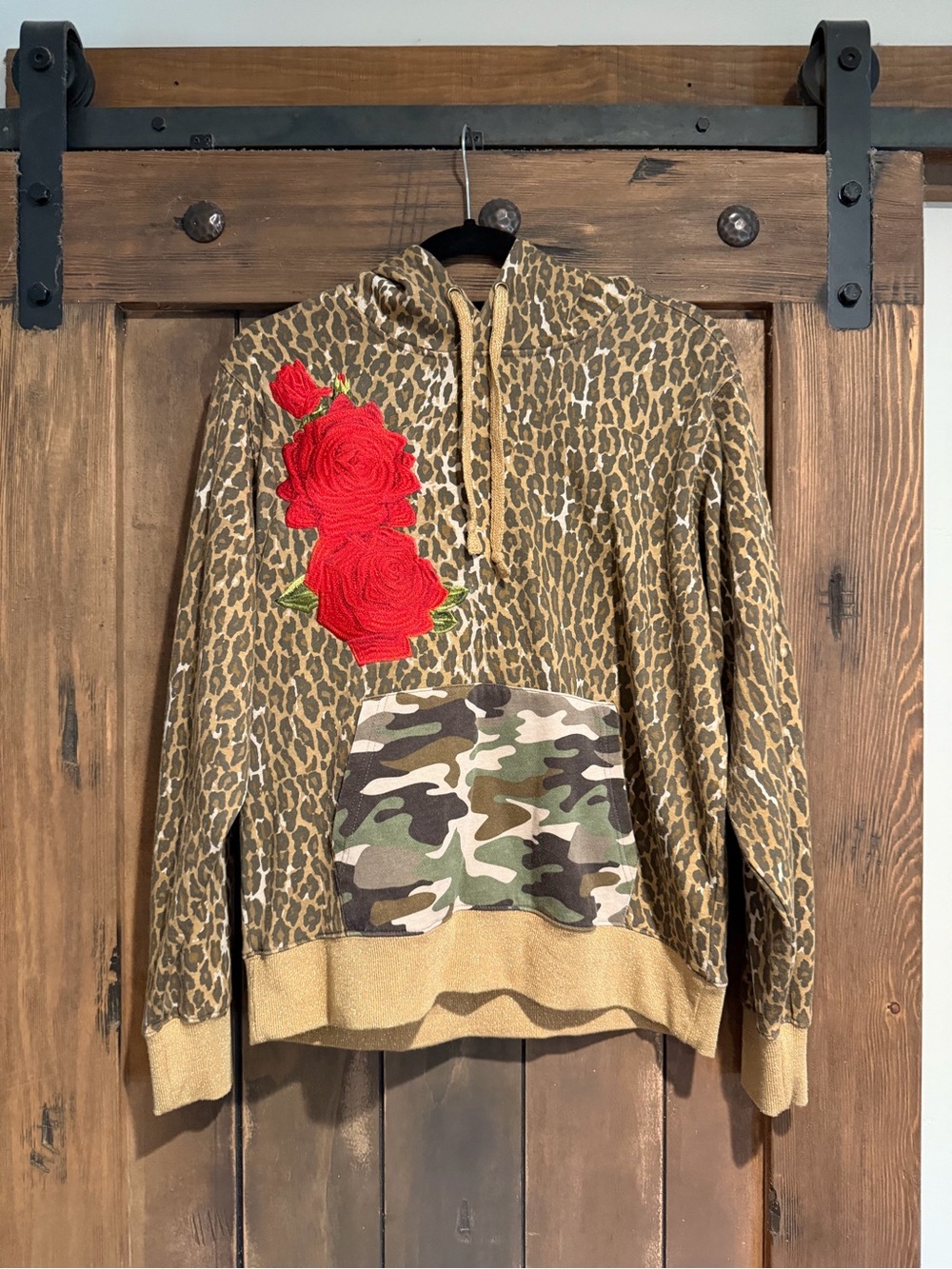 Leopard Print Hoodie with Red Rose Applique-Rodeo Quincy